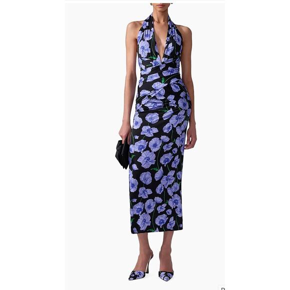 Carolina Herrera Floral Print Jersey Halterneck Dress in Black Multi XS - Picture 2 of 6